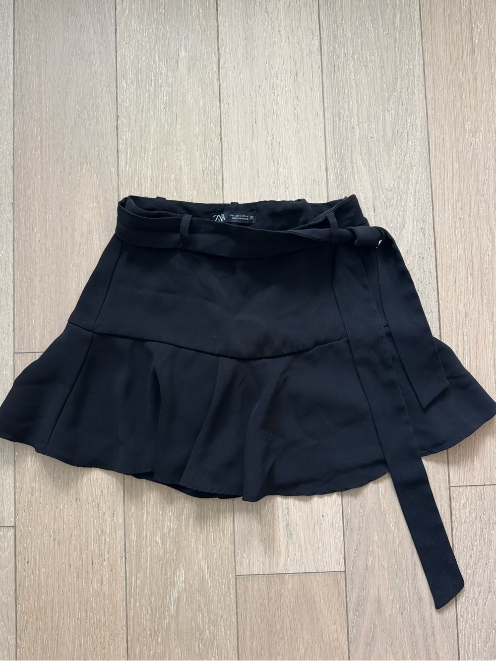Zara Black Mini Skirt with Flared Ruffle Hem and Waist Tie